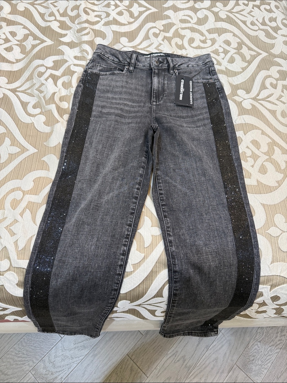Karl Lagerfeld Gray Wide-Leg Jeans with Black Glitter Side Stripes